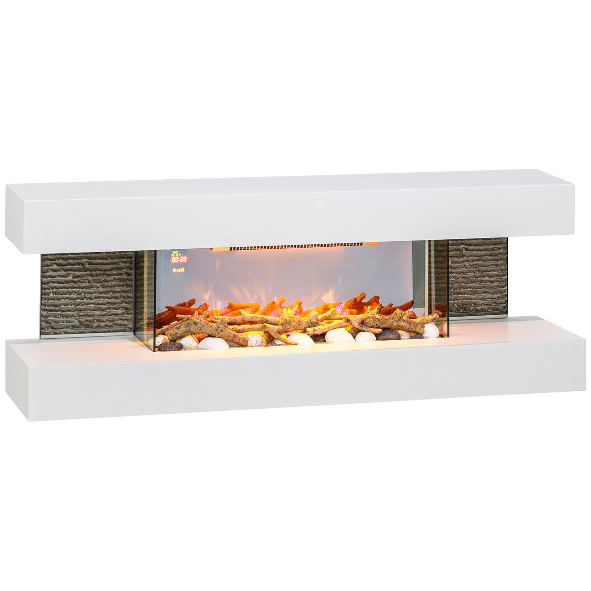 HOMCOM 47inch / 120cm Electric Fireplace Wall Mounted, Freestanding, Glass Electric Fire Suite with Mantel, Adjustable LED Flame Effect and Temperature, Log, Pebble, Remote Control, 2000W, White