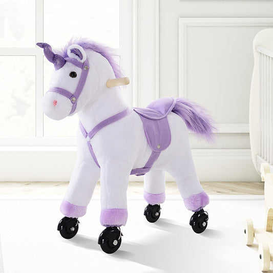 HOMCOM Kids Rocking Horse Plush Ride on Walking Unicorn Horse w/Realistic Sound Ride On Rocker with Handlebar for Age 3+ Purple