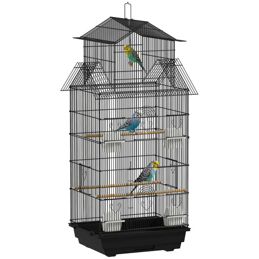 PawHut Metal Bird Cage with Plastic Swing, Perch, Food Container, Tray, Handle, for Finches, Canaries, 43 x 32.5 x 104cm