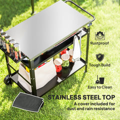 Outsunny BBQ Trolley with Stainless Steel Top Adjustable Shelf, Outdoor Kitchen BBQ Station with Hooks Seasoning Tray Towel Rack, Pizza Oven Table Movable Outdoor Grill Dining Cart with Cover, Black