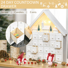 HOMCOM 24-Drawer Christmas Advent Calendar, Wooden Light-Up Traditional Decoration, Adults Kids Countdown Holiday House w/ Lights Handle White