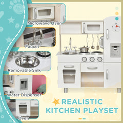 HOMCOM Kids Wooden Pretend Play Toy Kitchen Cooking Set Role Play Phone for Boys Girls White