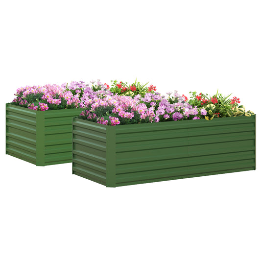 Outsunny Set of 2 Raised Beds for Garden, Galvanised Steel Outdoor Planters with Multi-reinforced Rods for Vegetables, Plants, Flowers and Herbs, 180 x 90 x 59 cm, Green