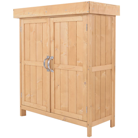 Outsunny Wooden Garden Storage Shed with Hinged Roof and Shelves, Outdoor Storage Cabinet Chest, Double Doors, 74 x 43 x 88cm, Burlywood