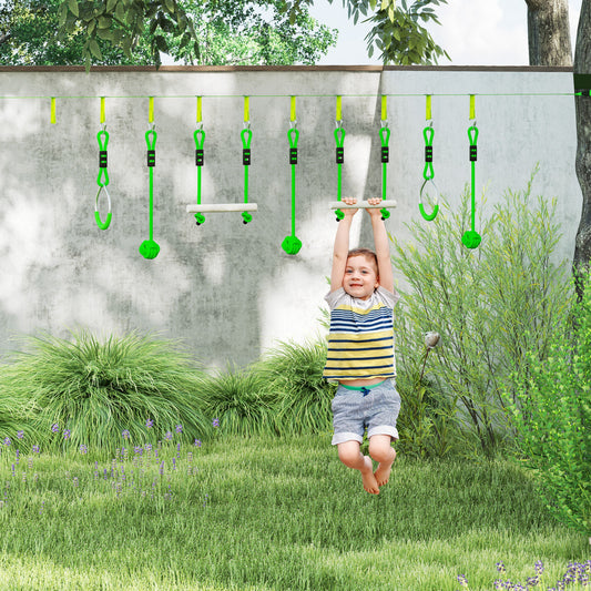 AIYAPLAY 7 Piece Kids Zip Line Kit for Garden, 10m Kids Slackline Kit with Wooden Monkey Bars, Metal Rings, Gripping Balls, Green