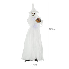 Outsunny 74 Inch Halloween Decorations White Witch Holding Pumpkin Head, Standing Skeleton Ghost Prop Life Size with Light Up Eyes and Body