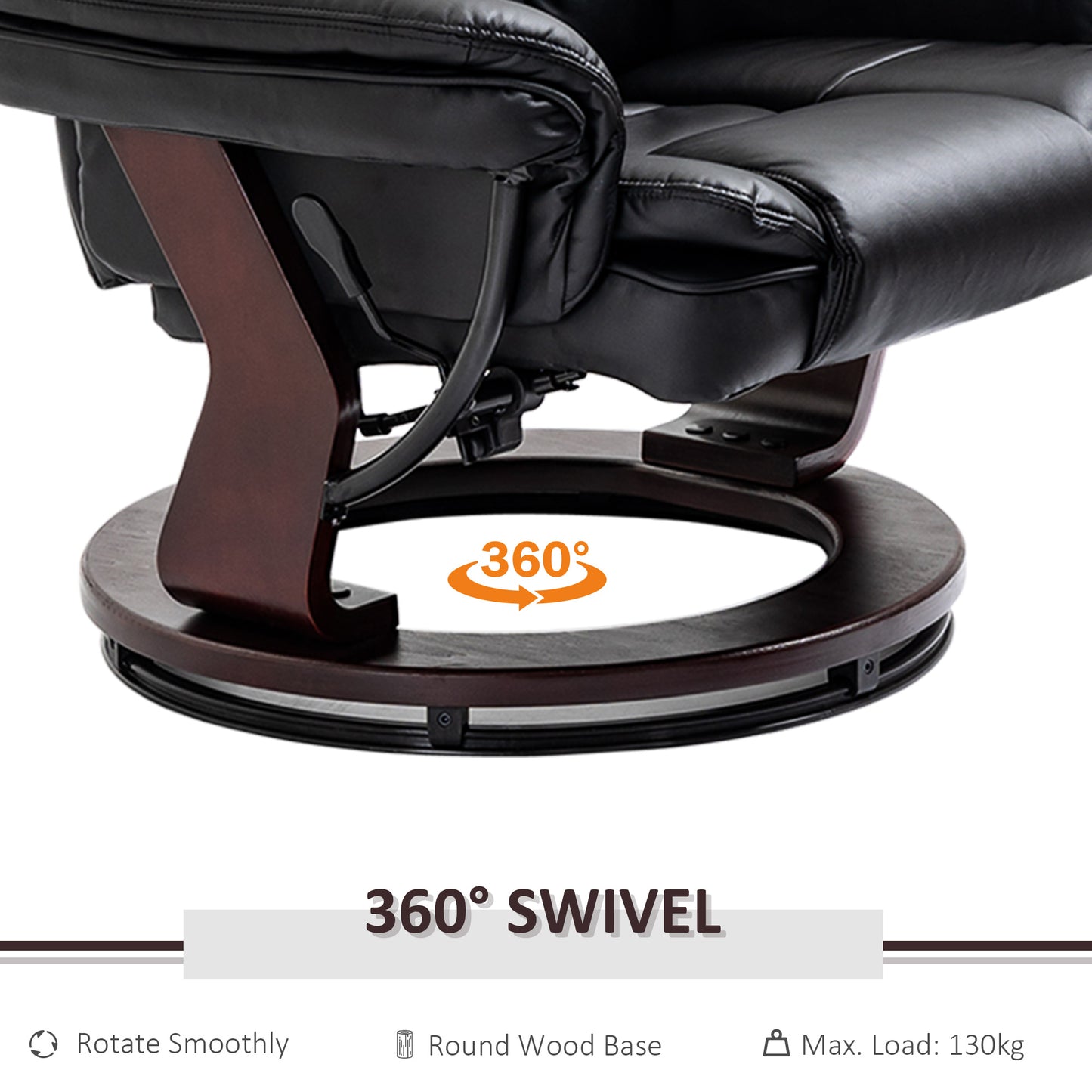 HOMCOM Recliner Chair With footstool, Recliner Armchair up to 130kg Weight Capacity, 135√Ç¬∞ Reclining Swivel Sofa Chair, PU Leather Ergonomic Couch Bed with Swivel Wood Base for Living Room, Black