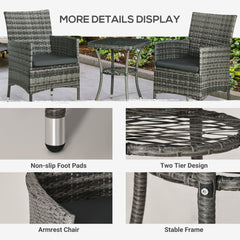 Outsunny 3 Pieces Rattan Bistro Set, Wicker Garden Furniture Set with 2-Tier Coffee Table and Chairs, Washable Cushions, for Outdoor Patio Balcony, Mixed Grey