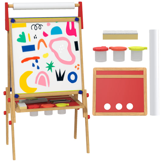 AIYAPLAY 3-in-1 Wooden Kids Easel with Paper Roll, Whiteboard, Chalkboard, Painting Accessories