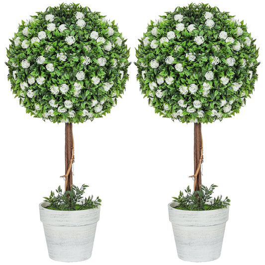 HOMCOM Set of 2 Decorative Artificial Plants, Ball Topiary Tree with Rose Flower in Pot, Fake Plants for Home Indoor Outdoor Decor, 60cm, White