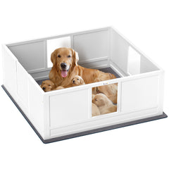 PawHut Whelping Box for Dogs with Whelping Pad, Adjustable Entrance, Non-slip Foot Pads, for Large Dogs, 124 x 120cm