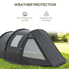 Outsunny 3-4 Man Tunnel Tent, Two Room Camping Tent with Windows and Covers, Portable Carry Bag, for Fishing, Hiking, Sports, Festival - Black