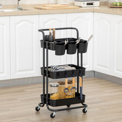 HOMCOM Three-Tier Home Trolley, with Handle and Wheels - Black