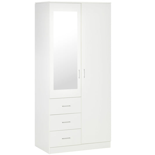 HOMCOM Modern Mirror Wardrobe 2 Door Storage Cupboards Home Storage Organisation Furniture with Adjustable Shelf, Hanging Rail and 3 Drawers, 180cm, White