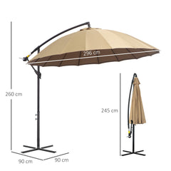 Outsunny 3(m) Cantilever Umbrella 18 Ribs & Vents Adjustable Angle for Patio Khaki