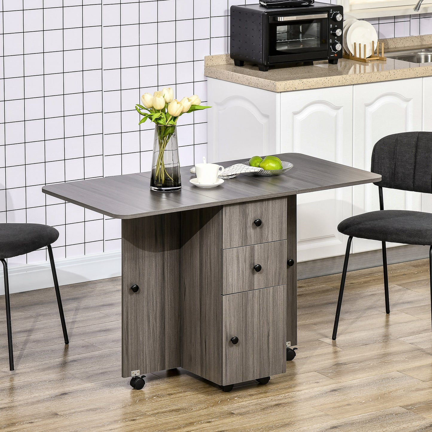 HOMCOM Multi-Storage Six-Person Drop Leaf Dining Table - Grey