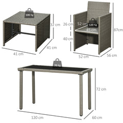 Outsunny 2 Seater Rattan Cube Garden Furniture Set, Rattan Dining Set with Cushions, Outdoor Dining Table and Chairs with 2 Armchairs, 2 Stools, Rectangular Glass Top Table for Patio, Balcony, Grey