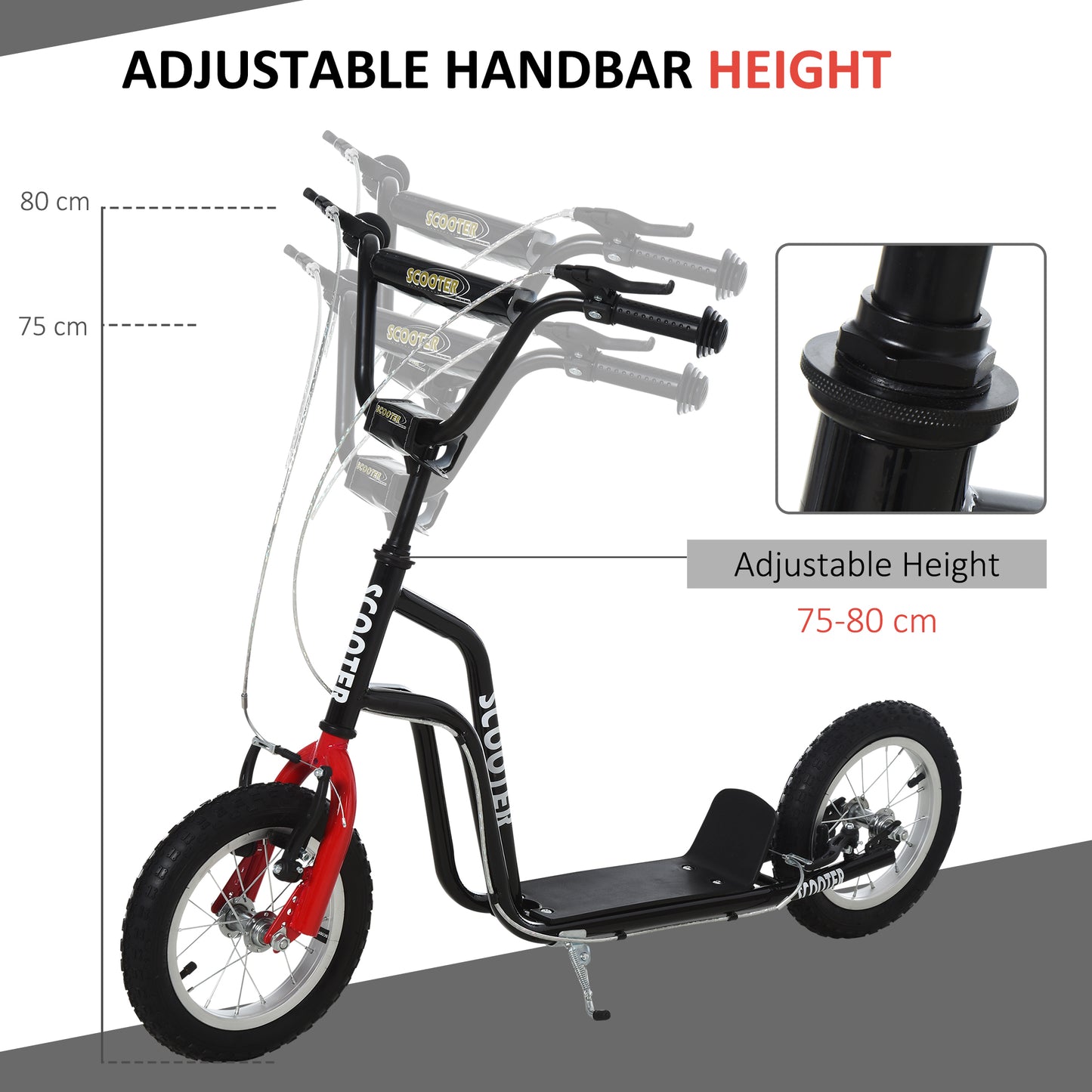 HOMCOM Teen Kick Scooter with Adjustable Handlebar, Inflatable Wheels, Two Brakes, Black