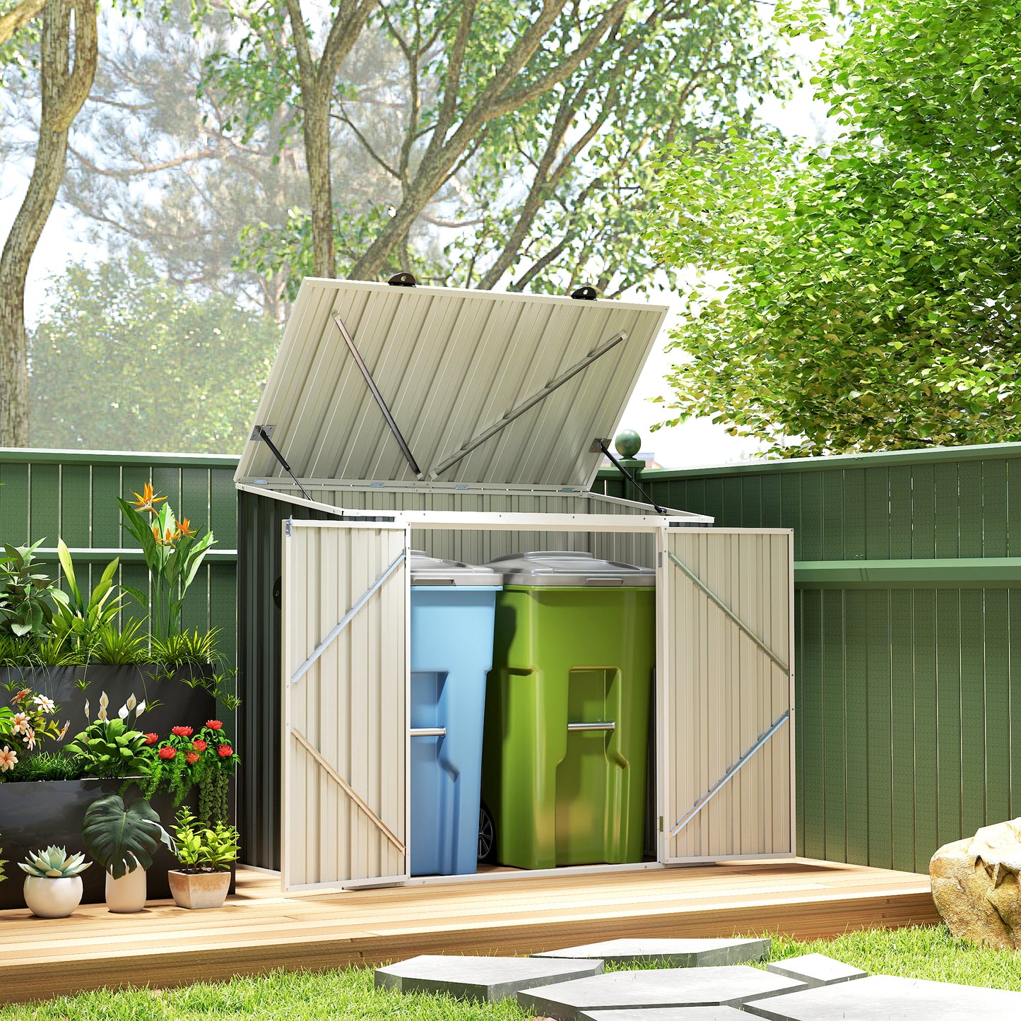 Outsunny 5ft x 3ft Garden 2-Bin Steel Storage Shed, Double Rubbish Storage Shed, Hide Dustbin w/ Locking Doors and Openable Lid