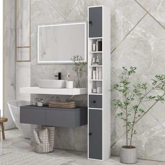 kleankin 180cm Slim Bathroom Cabinet, with Drawer, Shelves and Cupboards - Grey