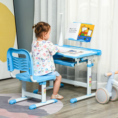 HOMCOM Kids Study Desk and Chair Set w/ Adjustable Height, Storage, Drawer, Blue