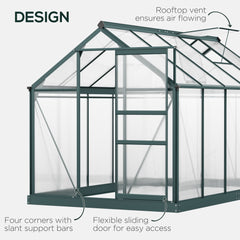 Outsunny 6 x 10ft Polycarbonate Greenhouse, Large Walk-In Green House with Slide Door and Window, Garden Plants Grow House with Aluminium Frame and Foundation, Dark Green