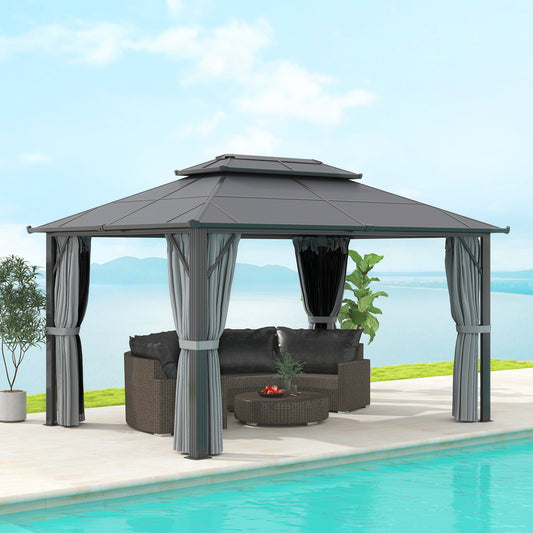 Outsunny 3 x 4m Hardtop Gazebo Canopy with UPF30+ Double Polycarbonate Roof, Aluminium Frame Garden Gazebo Permanent Pavilion with Mosquito Netting and Curtains for Patio, Deck, Grey