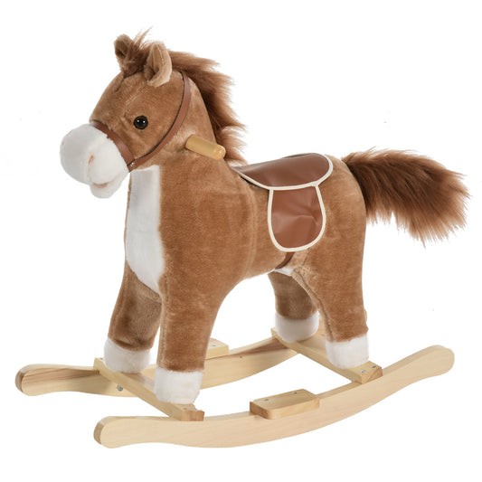 HOMCOM Kids Plush Rocking Horse w/ Sound Moving Mouth Wagging Tail Children Rocker Ride On Toy Gift 3-6 Years Brown