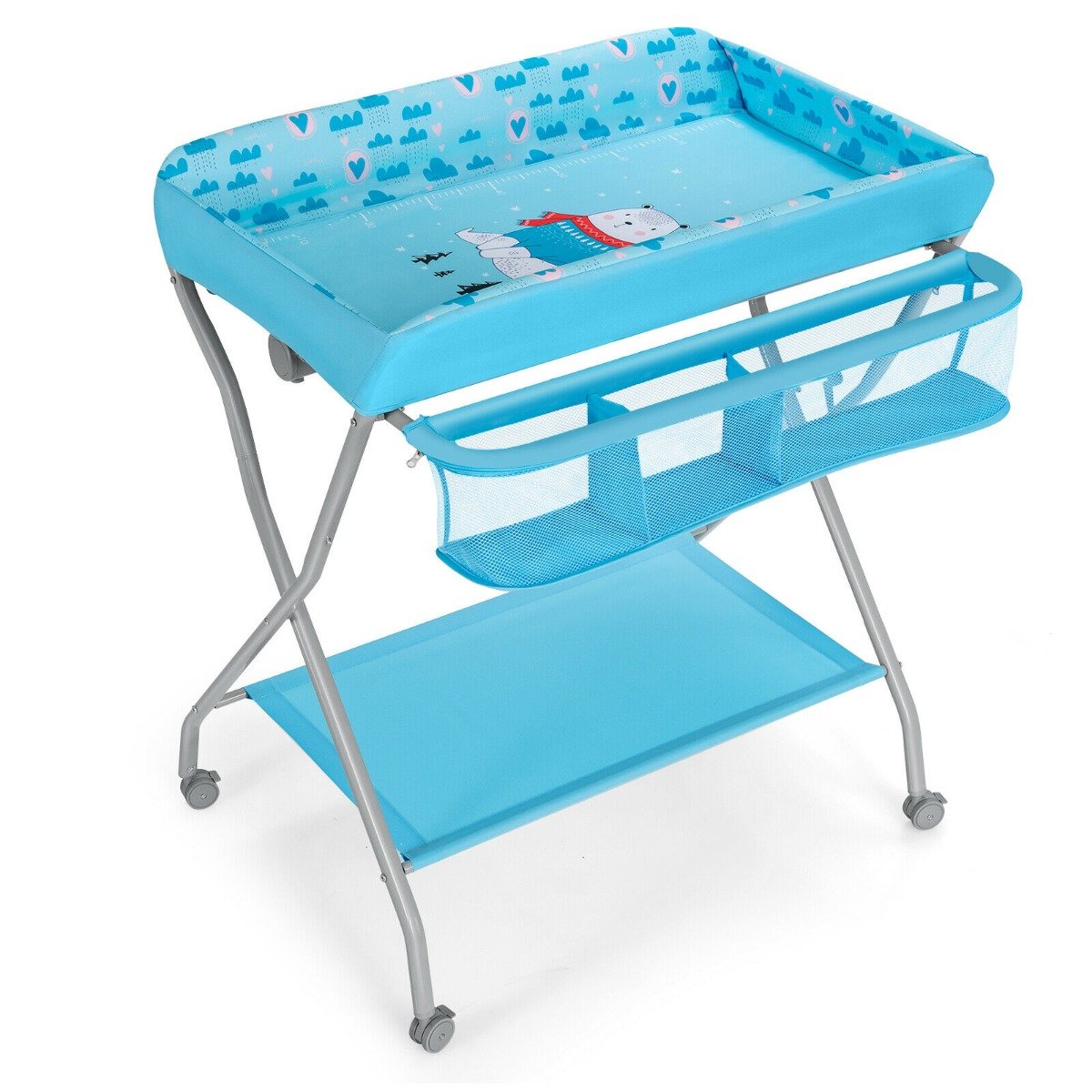 Rolling Baby Changing Table with Large Storage Basket-Blue