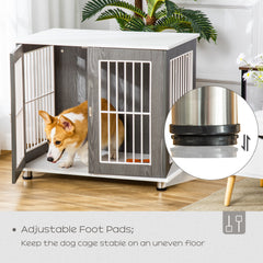 PawHut Dog Crate Wooden Pet Kennel Cage End Table w/ Lockable Door for Small Medium Dog Grey & White 85 x 55 x 75 cm