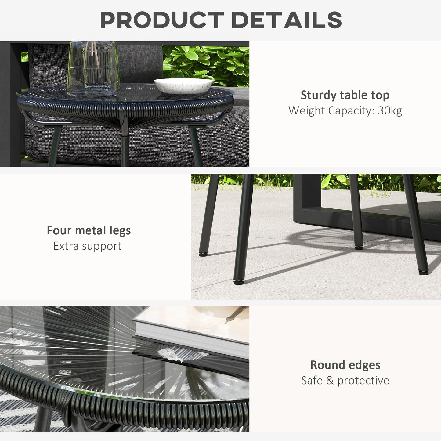 Outsunny Rattan Side Table, Round Outdoor Coffee Table, with Round PE Rattan and Tempered Glass Table Top for Patio, Garden, Balcony, Black