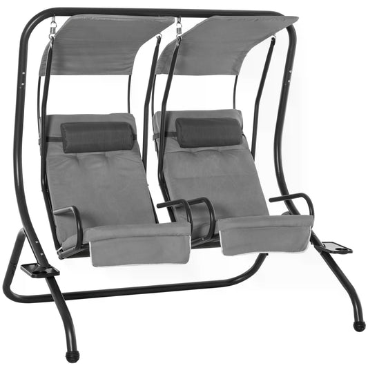 Outsunny Canopy Swing 2 Separate Relax Chairs w/ Handrails and Removable Canopy Grey