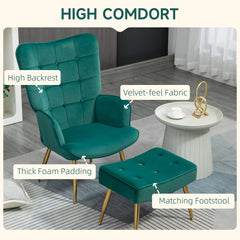 HOMCOM Modern Armchair with Footstool, Upholstered Accent Chair with Ottoman, Steel Legs, Velvet Wingback Chair for Living Room, Bedroom, Home Study, Dark Green