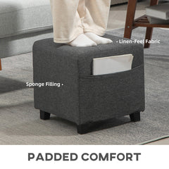 HOMCOM Square Footstool, Small Ottoman with Side Pocket, Linen Fabric Footrest Foot Stool with Rubber Wood Legs and Padded Seat for Living Room, Bedroom, Entryway, 35 x 35 x 35cm, Grey