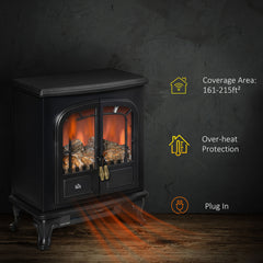 HOMCOM Electric Fireplace Stove Heater with LED Fire Flame Effect, Double Door, Freestanding & Portable with Overheat Protection, 1000W/2000W, Black