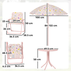 AIYAPLAY 4 Pieces Kids Garden Table and Chair Set with Adjustable Parasol, Folding Chairs, Table, Rainbow Pattern, Pink