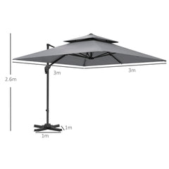 Outsunny 3 x 3(m) Cantilever Parasol with Aluminium Frame, Crank and Tilt, 360√Ç¬∞ Rotation, Double Top Garden Umbrella with Base and Cover, Light Grey