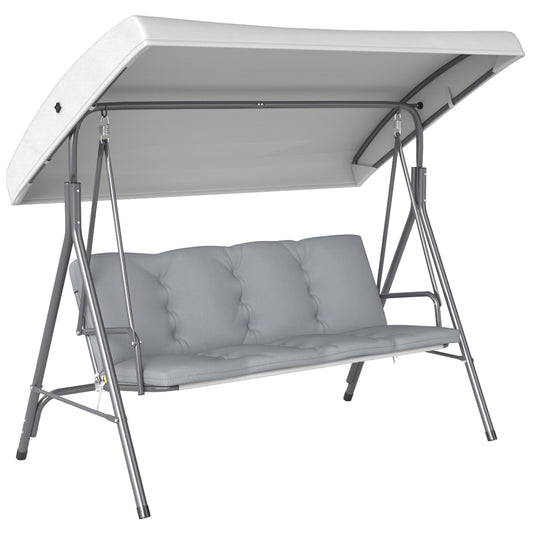 Outsunny 3 Seater Garden Swing Chair, Patio Rocking Bench with Tilting Canopy, Removable Cushion and Steel Frame, Light Grey