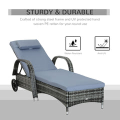 كرسي استرخاء فردي من Outsunny Garden Rattan Furniture مع مسند رأس قابل للتعديل من نسيج الخيزران مع وسادة مقاومة للحريق - رمادي