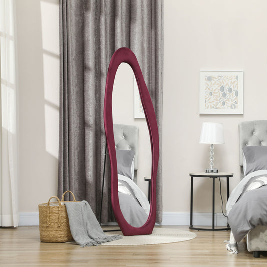 HOMCOM Wavy Velvet-Feel Full Length Mirror - Wine Red