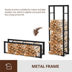 HOMCOM Metal Firewood Log Holder Tall Firewood Rack Indoor Outdoor Fireplace Wood Storage Shelf, Black, 60Wx25Dx150Hcm