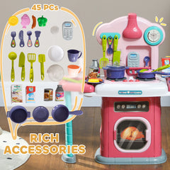 AIYAPLAY 45-Piece Kids Kitchen, Toy Kitchen, with Rotating Side Tables, Lights, Sound Spray