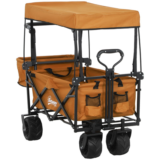 Outsunny Folding Trolley Cart Storage Wagon Beach Trailer 4 Wheels with Handle Overhead Canopy Cart Push Pull For Shopping Camping, Orange