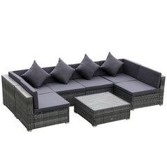 Outsunny 7 Pieces Patio Wicker Sofa Set, Outdoor PE Rattan Sectional Furniture Set w/ Acacia Table Top & Cushion for Garden, Backyard, Grey