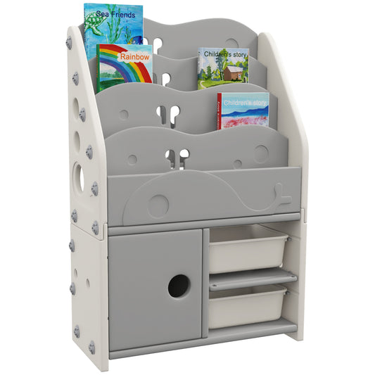 AIYAPLAY Kids Storage Units with 2 Storage Boxes, 4 Tier Bookshelf, Cabinet, 67 x 29 x 98cm Light Grey