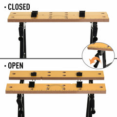 DURHAND 4-in-1 Work Bench, Saw Horse Folding Clamp Table w/ 4 Adjustable Clamping Pegs for DIY Home Garage, Black