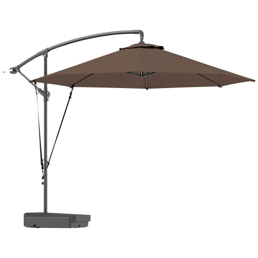 Outsunny 3(m) Garden Cantilever Parasol with Fillable Base, Wind Protection Strap, Cover, Round Banana Hanging Umbrella with Crank Handle and Tilt, Patio Umbrella for Outdoor Sun Shade, UPF50+, Brown