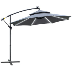 Outsunny 3(m) Cantilever Banana Parasol Hanging Umbrella with Double Roof, LED Solar lights, Crank, 8 Sturdy Ribs and Cross Base for Outdoor, Garden, Patio, Grey