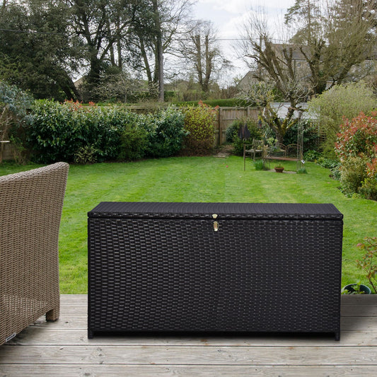 Outsunny 284 L Rattan Garden Storage Box, Outdoor Garden Storage Box with Gas Lift and Lockable Lid, Outdoor Wicker Rattan Chest Container for Garden Tools, 118 x 54 x 59 cm, Dark Brown