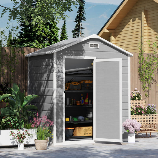 Outsunny 6 x 4ft Garden Shed, Plastic Shed with Floor, Window, Lockable Door and Vents, Wood Effect Resin Tool Shed for Outdoor, Grey